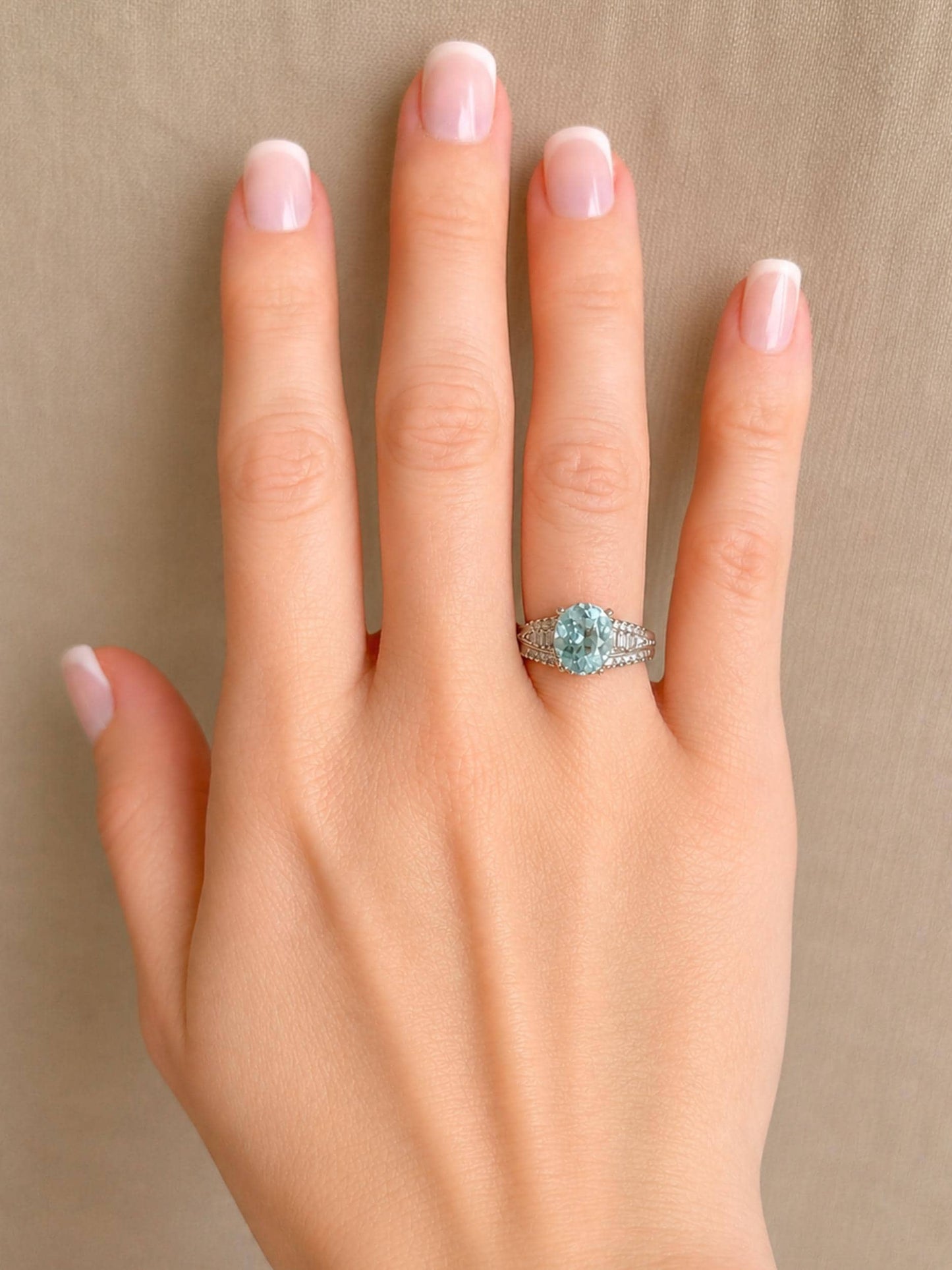 Aquamarine and Diamond Engagement Ring, Oval Cut, 18k White Gold, Baguette Accents Bridal Ring