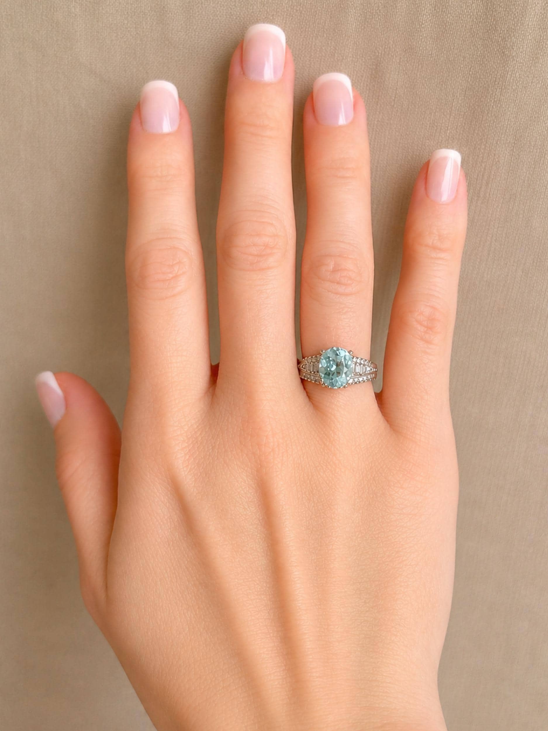 Aquamarine and Diamond Engagement Ring, Oval Cut, 18k White Gold, Baguette Accents Bridal Ring