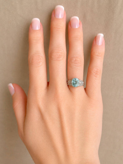 Aquamarine and Diamond Engagement Ring, Oval Cut, 18k White Gold, Baguette Accents Bridal Ring