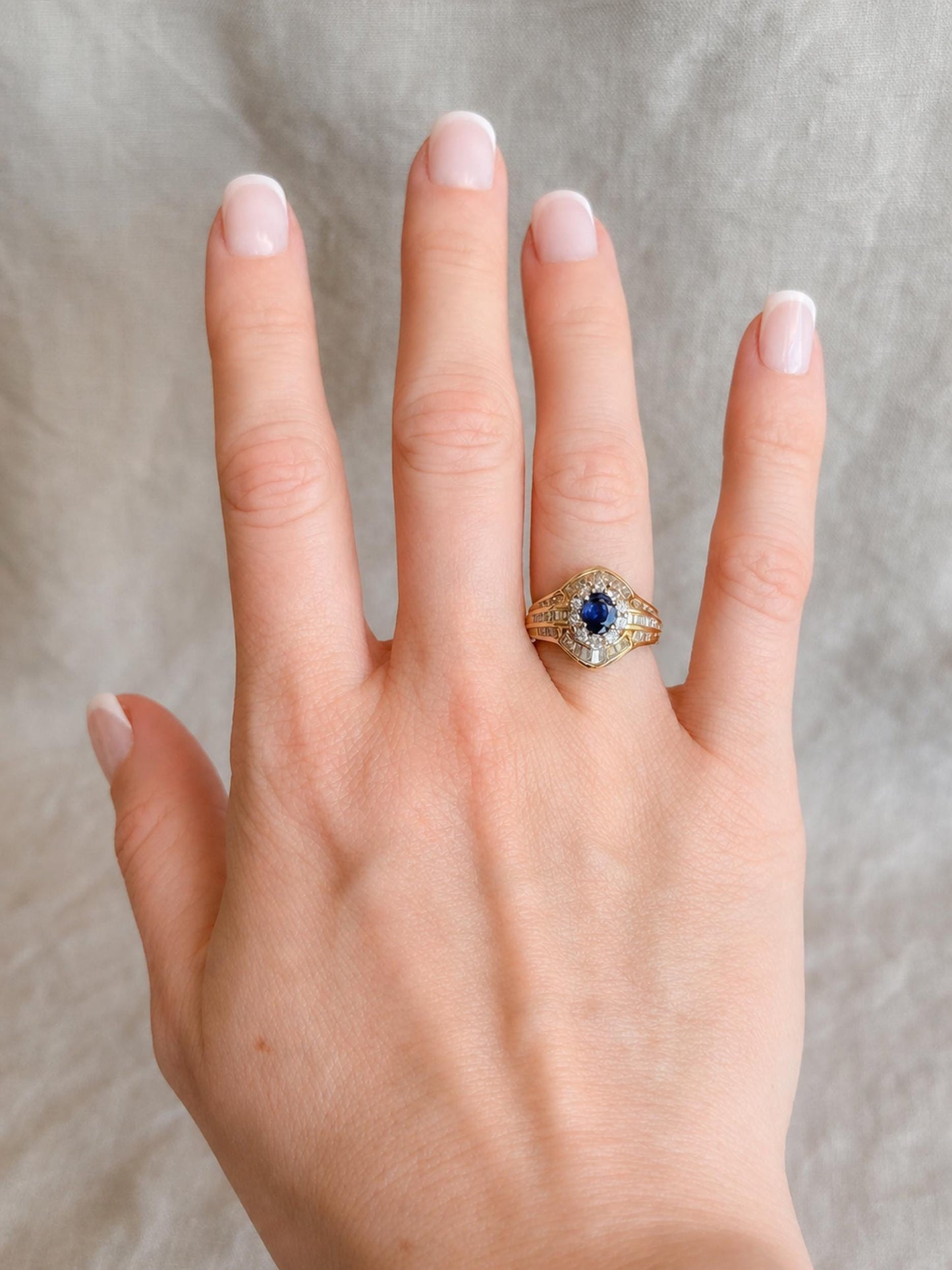 Vintage Oval Sapphire and Diamond Halo Engagement Ring, 18k Gold, Baguette Channel Bridal Ring