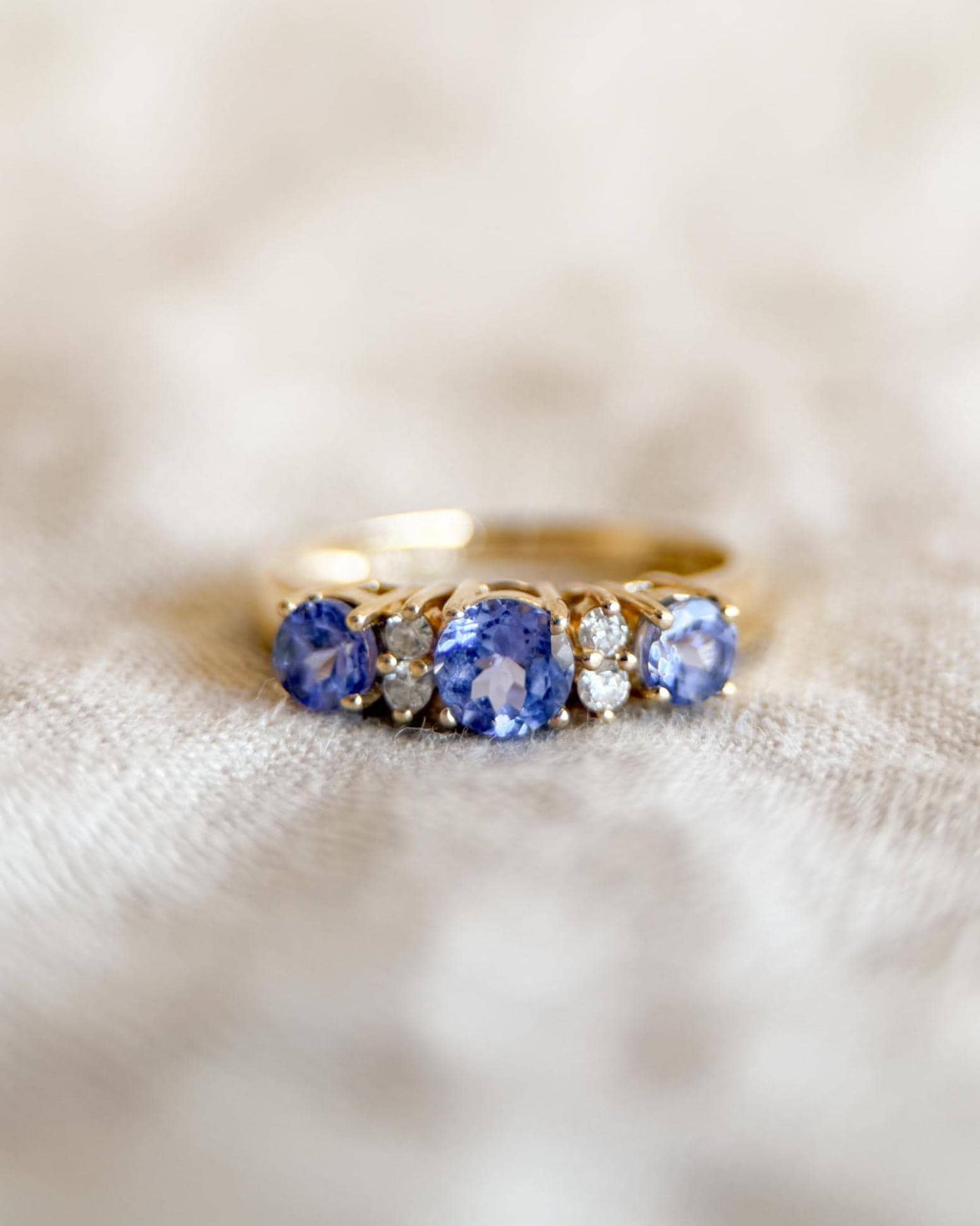 Vintage Tanzanite and Diamond Ring, 14k Gold, Prong Set Gemstone Band, Anniversary Ring