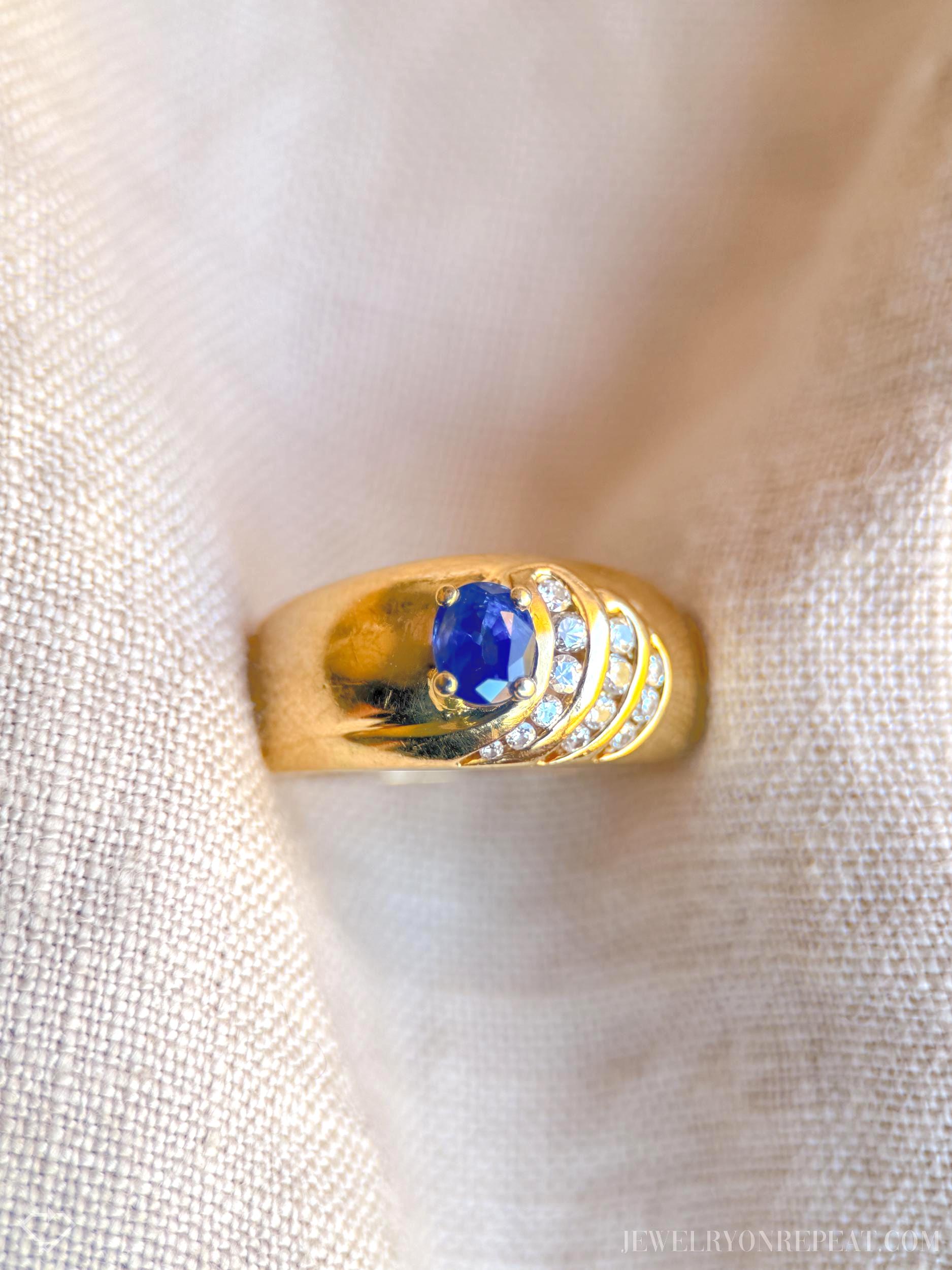 Vintage Sapphire and Diamond Ring, 18k Gold, Oval Sapphire Statement Band, Asymmetrical Wave