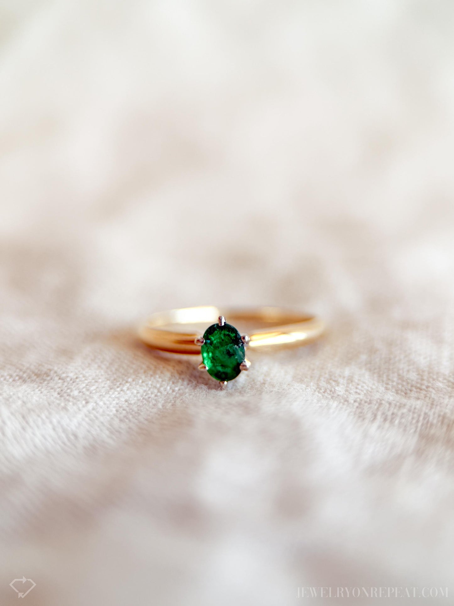 Vintage Emerald Engagement Ring, Oval Cut, 14k Gold, Solitaire Bridal Ring