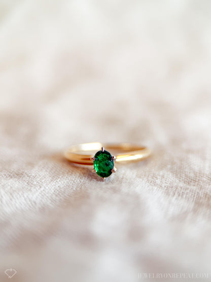 Vintage Emerald Engagement Ring, Oval Cut, 14k Gold, Solitaire Bridal Ring
