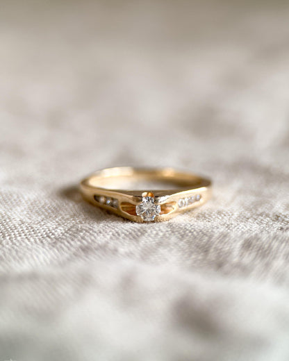 Vintage Diamond Engagement Ring, Round Cut, 14k Gold, Cathedral Channel Set Bridal Ring
