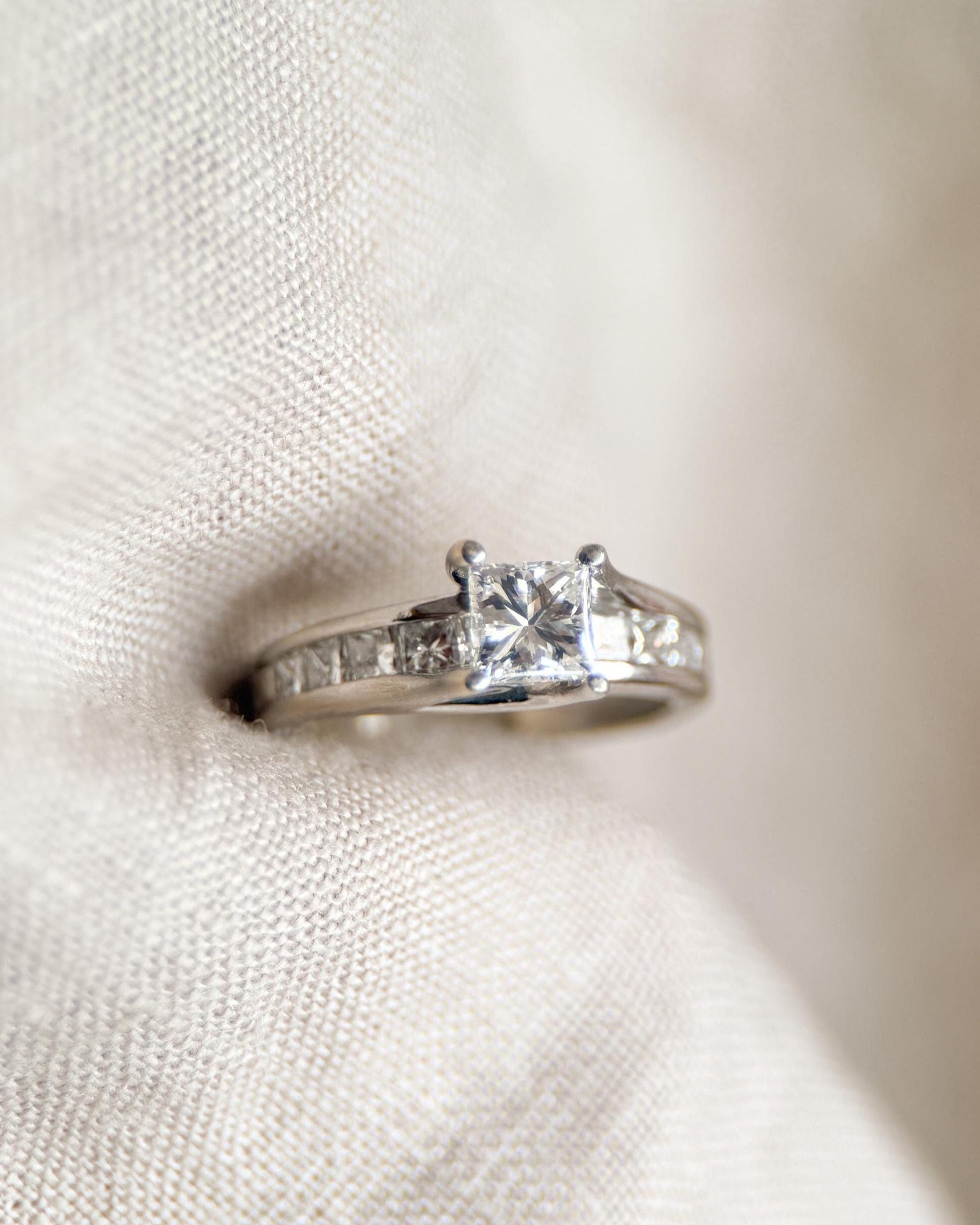 Vintage Diamond Engagement Ring, Princess Cut, 14k White Gold, Channel Set Cathedral Bridal Ring
