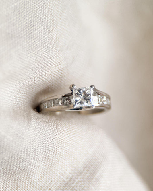 Vintage Diamond Engagement Ring, Princess Cut, 14k White Gold, Channel Set Cathedral Bridal Ring