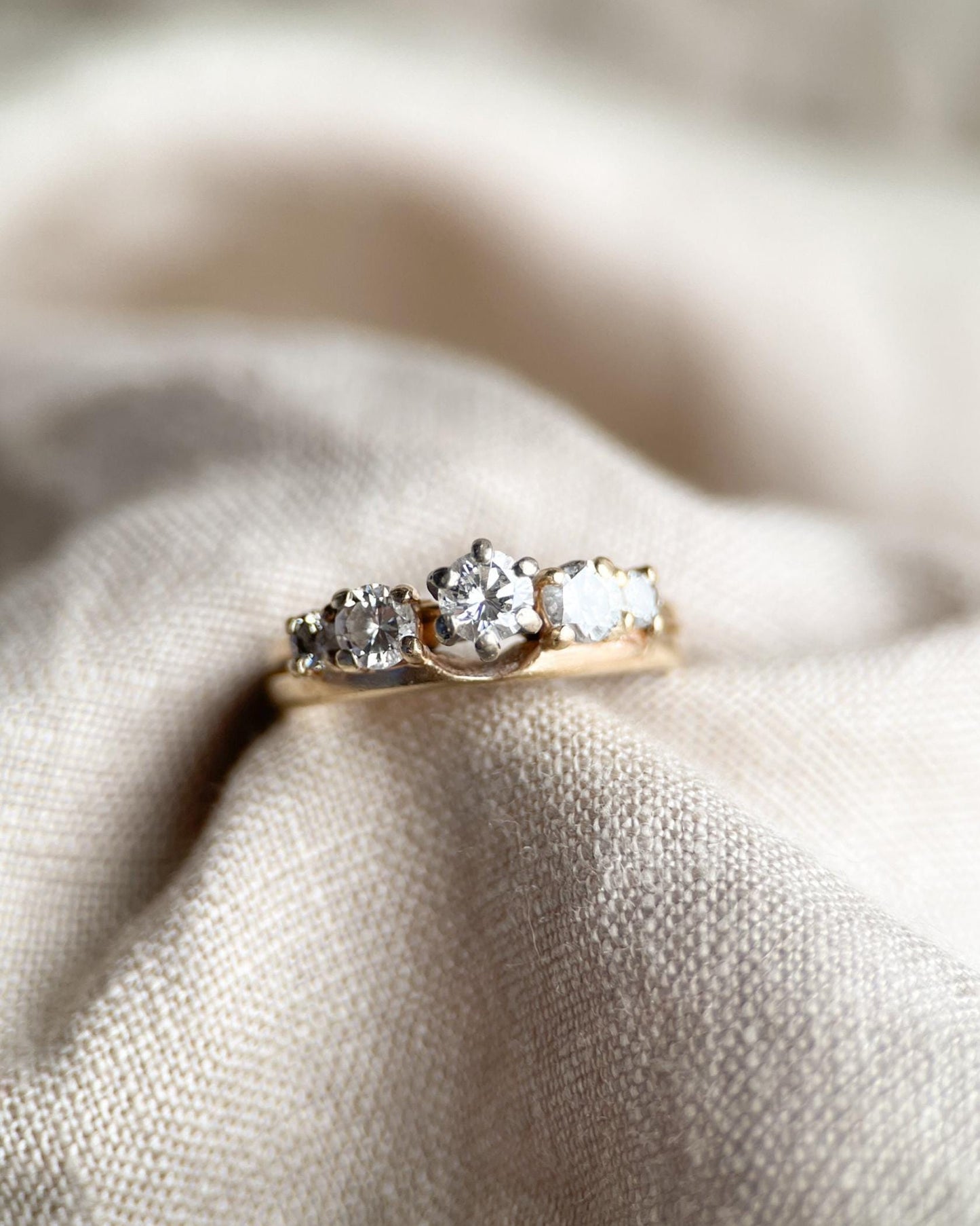 Vintage Diamond Engagement Ring, Round Cut, 14k Gold, Interlocking Wrap Style Bridal Set