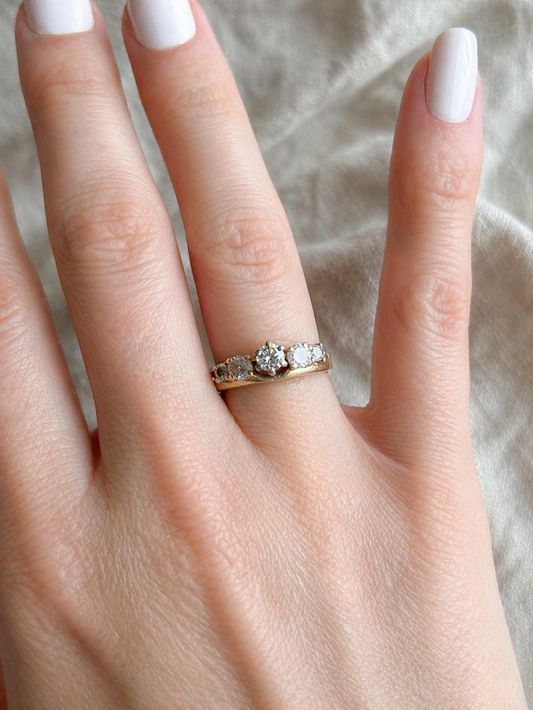 Vintage Diamond Engagement Ring, Round Cut, 14k Gold, Interlocking Wrap Style Bridal Set