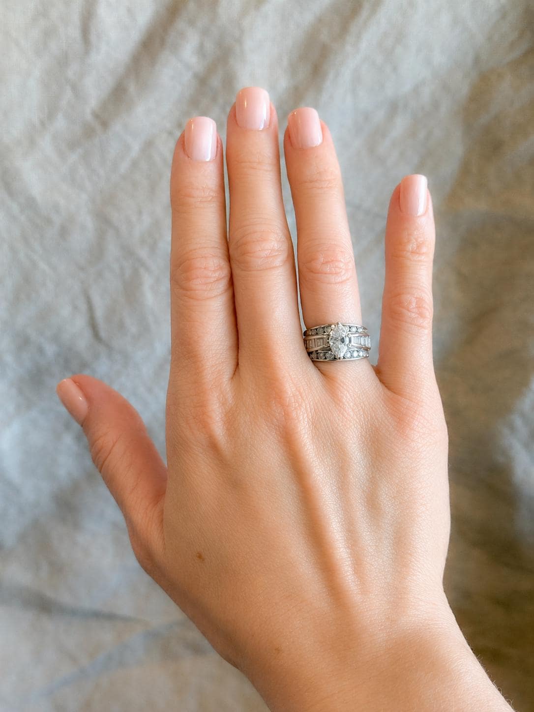 Vintage Diamond Engagement Ring, Marquise Cut, 14k White Gold, Channel Set Cathedral Bridal Ring