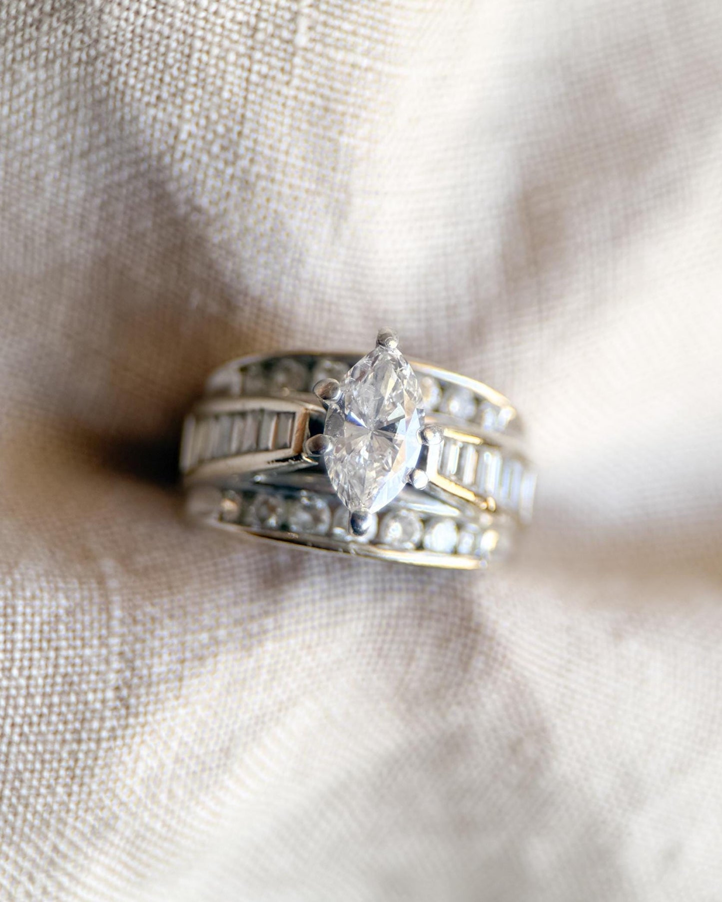 Vintage Diamond Engagement Ring, Marquise Cut, 14k White Gold, Channel Set Cathedral Bridal Ring