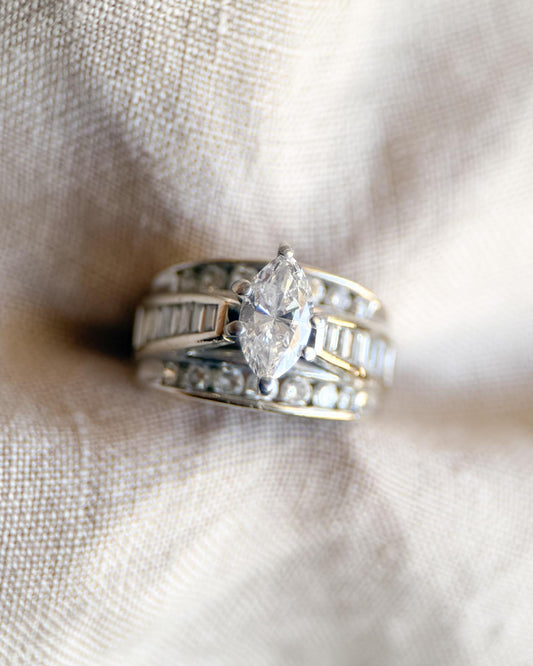 Vintage Diamond Engagement Ring, Marquise Cut, 14k White Gold, Channel Set Cathedral Bridal Ring