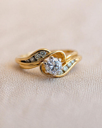 Vintage Diamond Engagement Ring, Round Cut, 14k Gold, Interlocking Swirl Channel Bridal Set