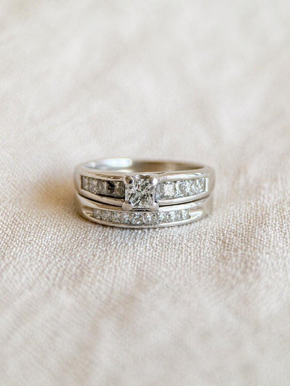 Vintage Princess Cut Diamond Engagement Ring & Wedding Band Set, Platinum, 14k, Channel Cathedral