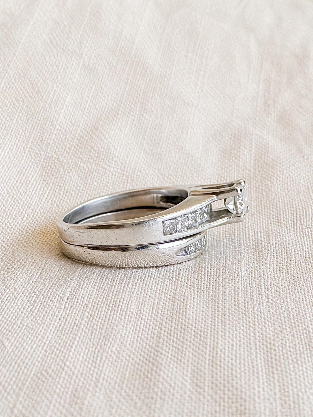 Vintage Princess Cut Diamond Engagement Ring & Wedding Band Set, Platinum, 14k, Channel Cathedral