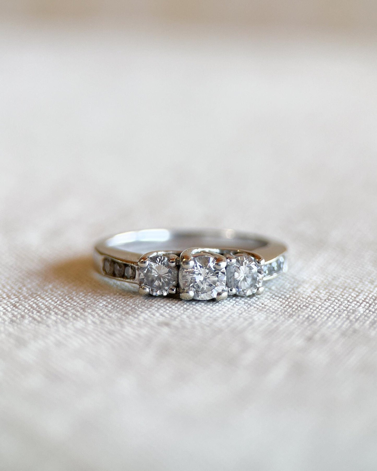 Vintage Diamond Engagement Ring, Round Cut, 14k White Gold, Classic Three Stone Bridal Ring