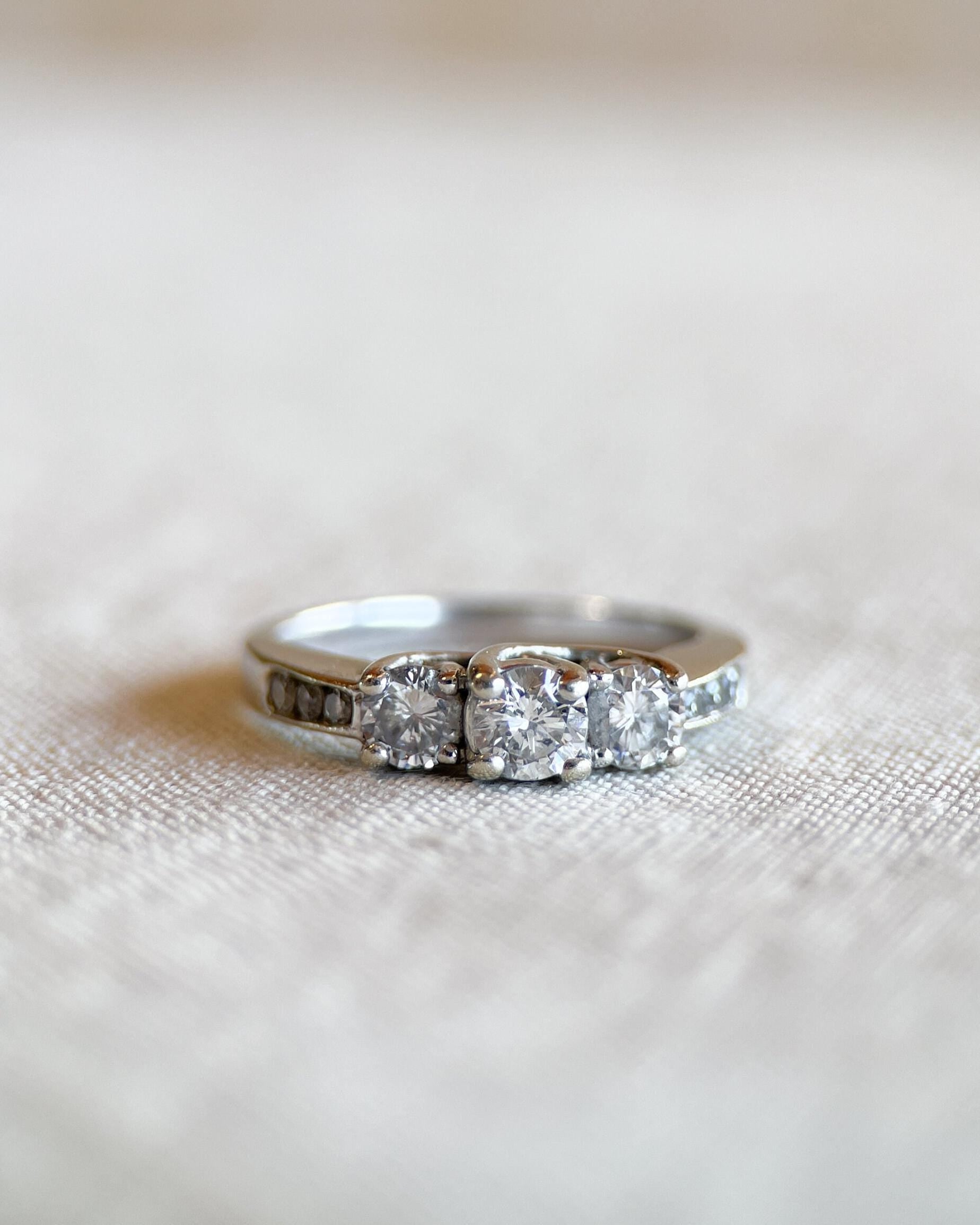 Vintage Diamond Engagement Ring, Round Cut, 14k White Gold, Classic Three Stone Bridal Ring