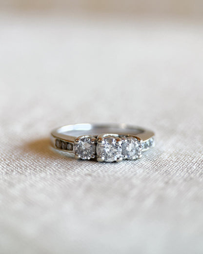 Vintage Diamond Engagement Ring, Round Cut, 14k White Gold, Classic Three Stone Bridal Ring