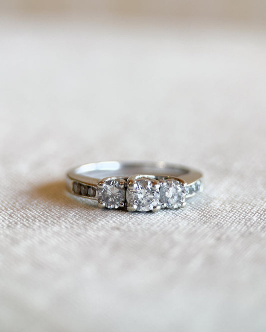Vintage Diamond Engagement Ring, Round Cut, 14k White Gold, Classic Three Stone Bridal Ring