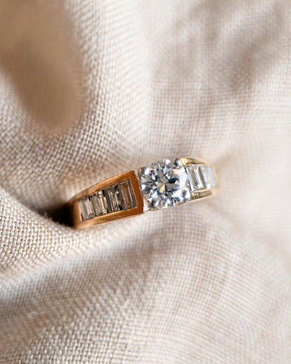 Vintage Diamond Engagement Ring, Round Cut, 14k Gold, Baguette Channel Bridal Ring