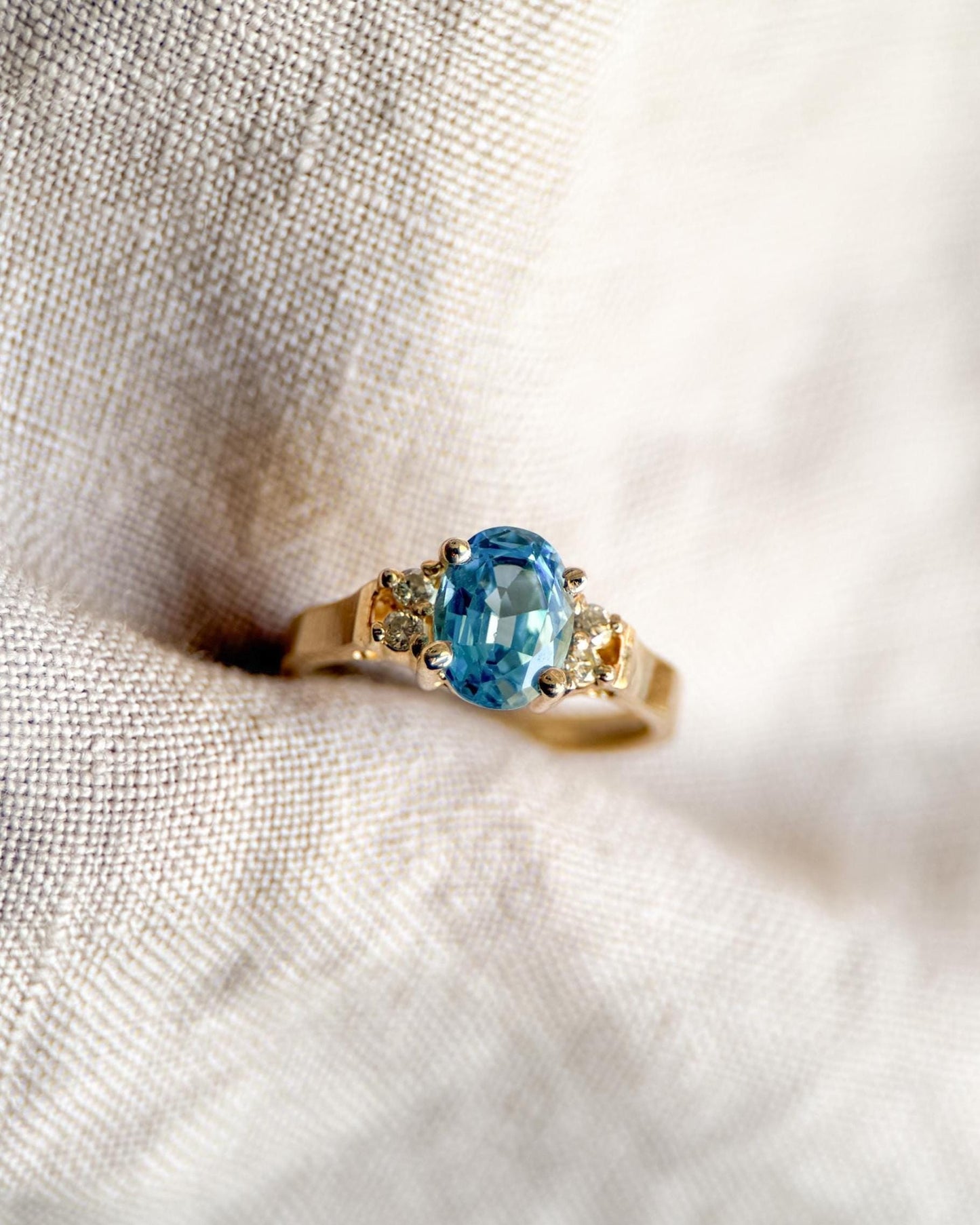 Vintage Blue Topaz and Diamond Engagement Ring, Oval Cut, 14k Gold, Alternative Bridal Ring