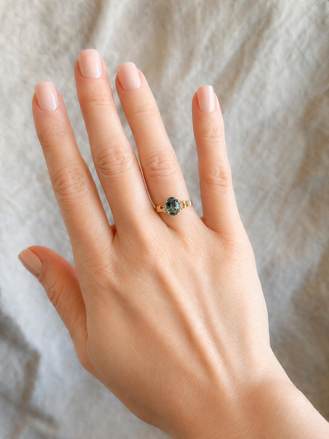 Vintage Blue Topaz and Diamond Engagement Ring, Oval Cut, 14k Gold, Alternative Bridal Ring