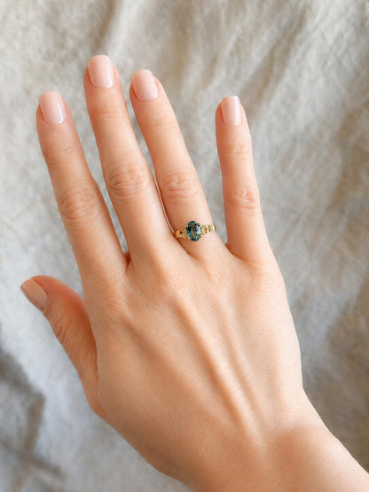 Vintage Blue Topaz and Diamond Engagement Ring, Oval Cut, 14k Gold, Alternative Bridal Ring