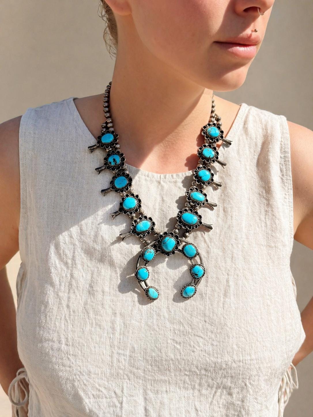 Vintage Turquoise Necklace in Sterling Silver, Squash Blossom Naja Pendant, Southwestern Necklace