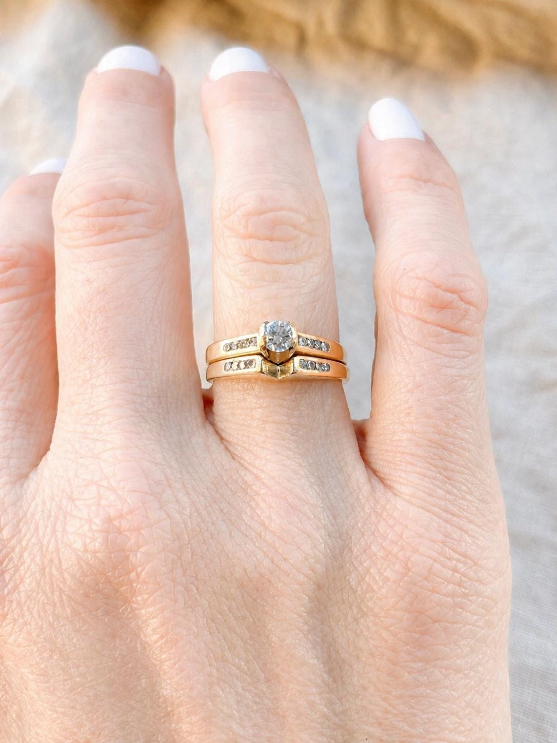 Vintage Diamond Engagement Ring & Matching Wedding Band, Round Cut, 14k Gold, Channel Bridal Set