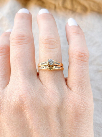 Vintage Diamond Engagement Ring & Matching Wedding Band, Round Cut, 14k Gold, Channel Bridal Set