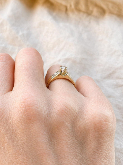 Vintage Diamond Engagement Ring & Matching Wedding Band, Round Cut, 14k Gold, Channel Bridal Set