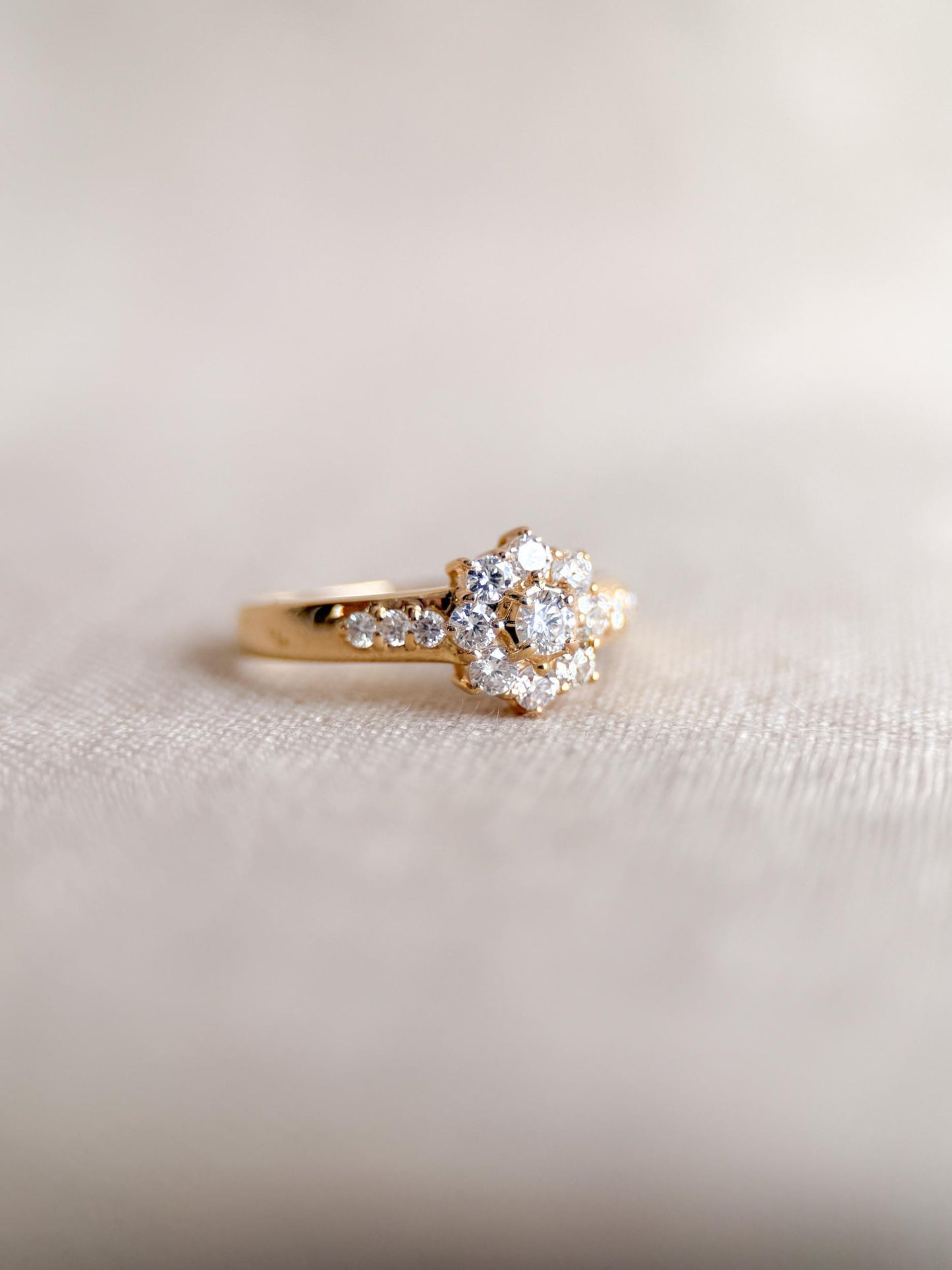 Vintage Diamond Halo Engagement Ring, Round Cut, 18k Gold, Prong Set Floral Bridal Ring