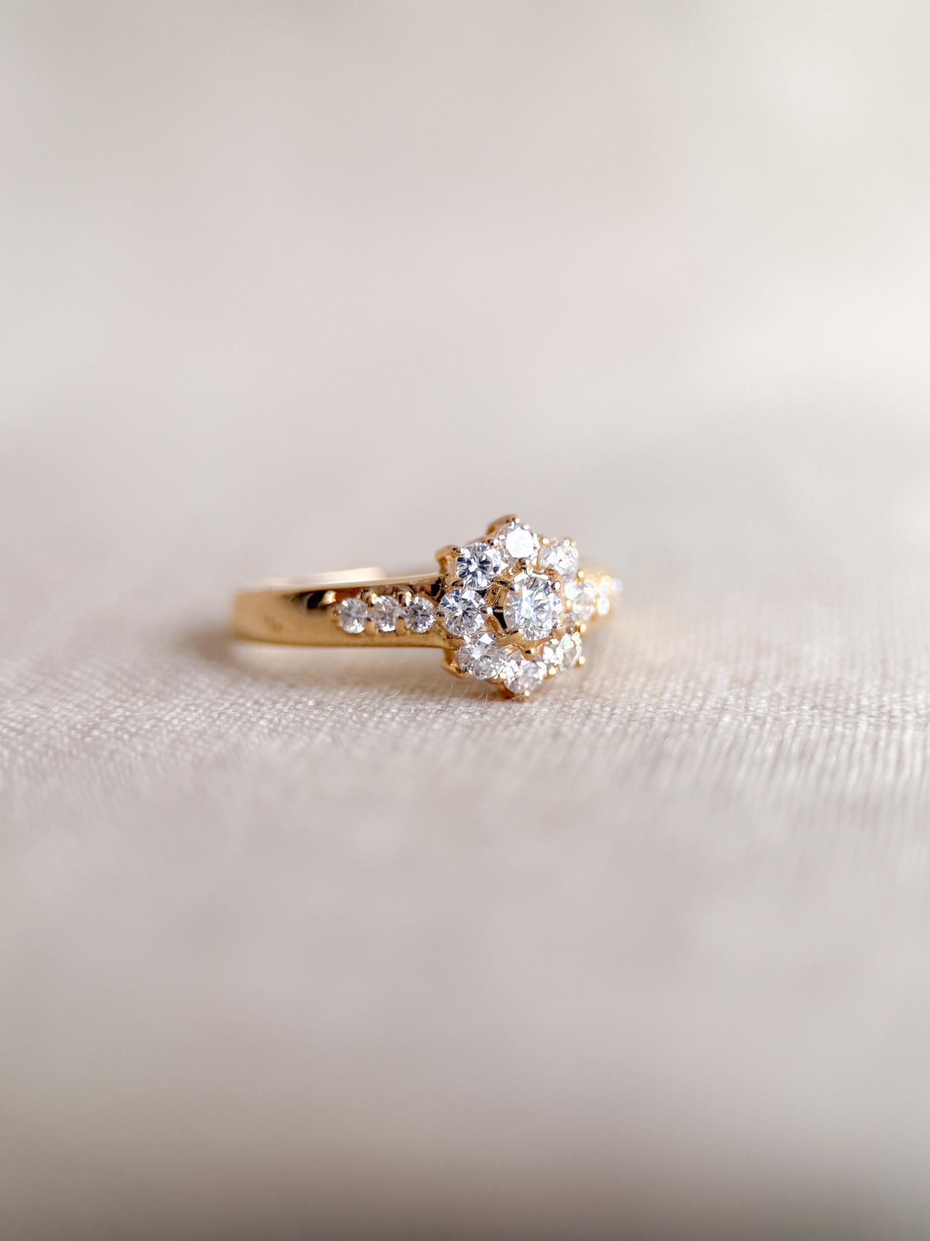 Vintage Diamond Halo Engagement Ring, Round Cut, 18k Gold, Prong Set Floral Bridal Ring