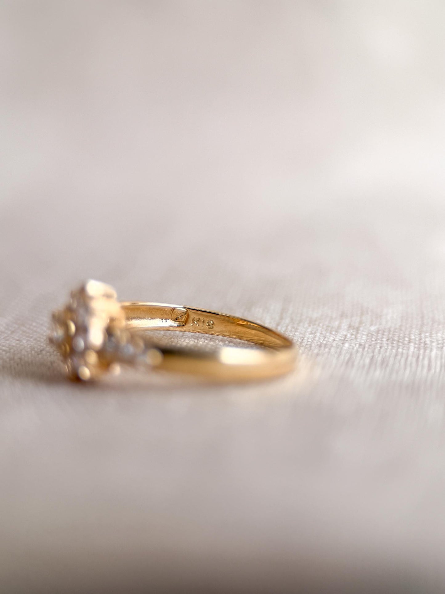 Vintage Diamond Halo Engagement Ring, Round Cut, 18k Gold, Prong Set Floral Bridal Ring