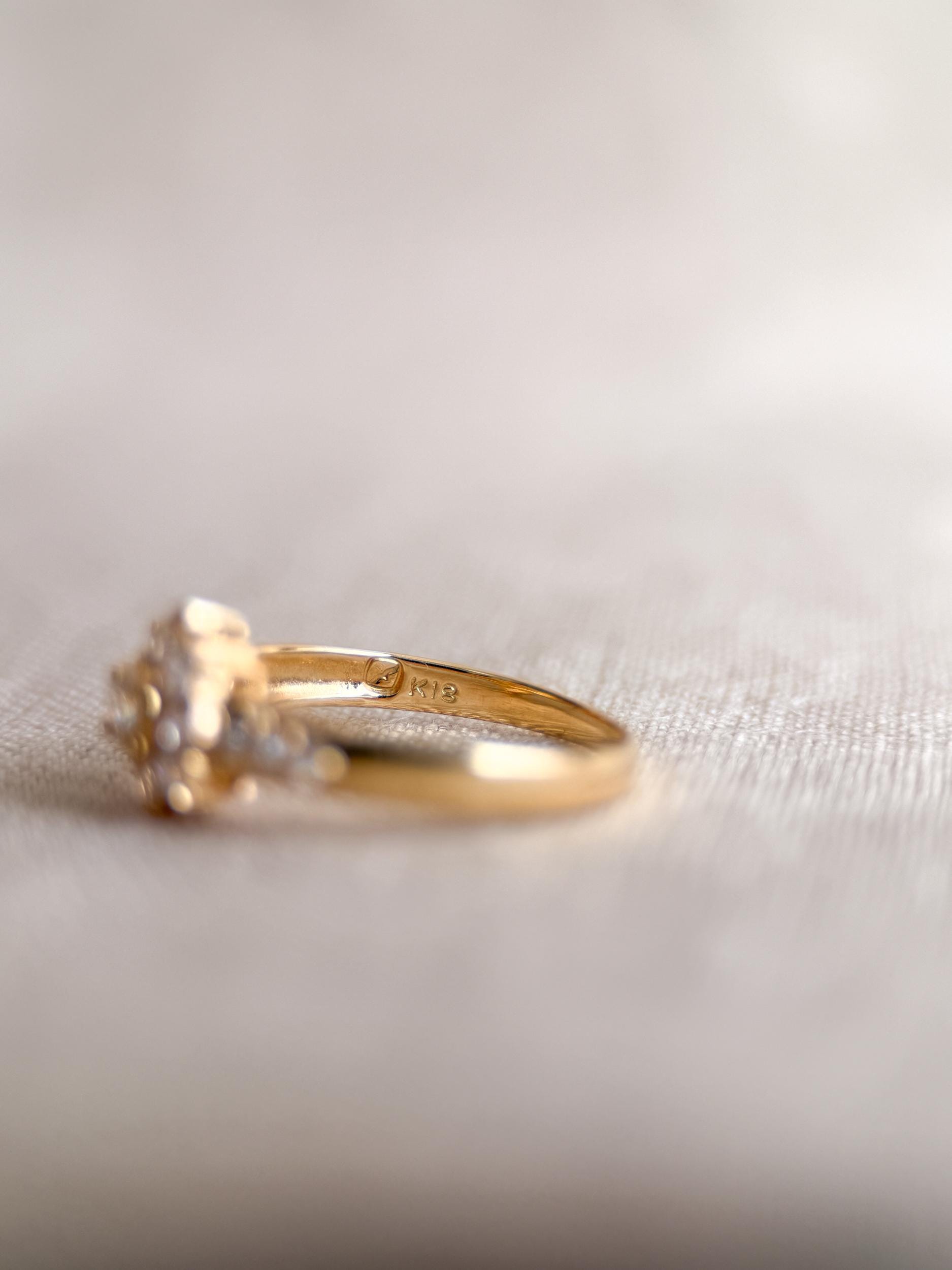 Vintage Diamond Halo Engagement Ring, Round Cut, 18k Gold, Prong Set Floral Bridal Ring