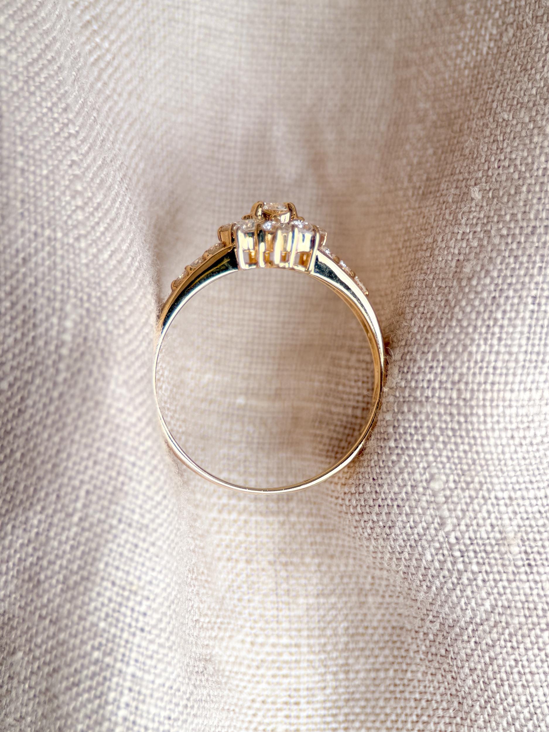 Vintage Diamond Halo Engagement Ring, Round Cut, 18k Gold, Prong Set Floral Bridal Ring