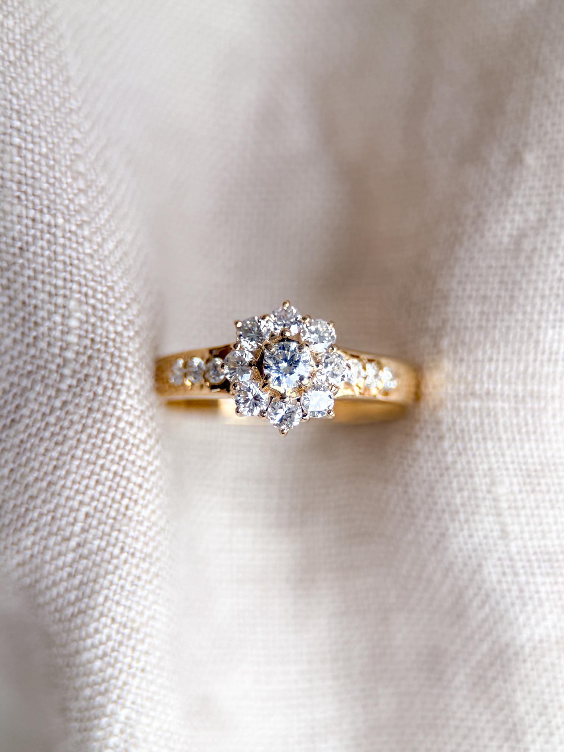 Vintage Diamond Halo Engagement Ring, Round Cut, 18k Gold, Prong Set Floral Bridal Ring