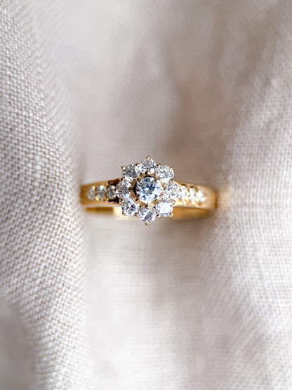 Vintage Diamond Halo Engagement Ring, Round Cut, 18k Gold, Prong Set Floral Bridal Ring