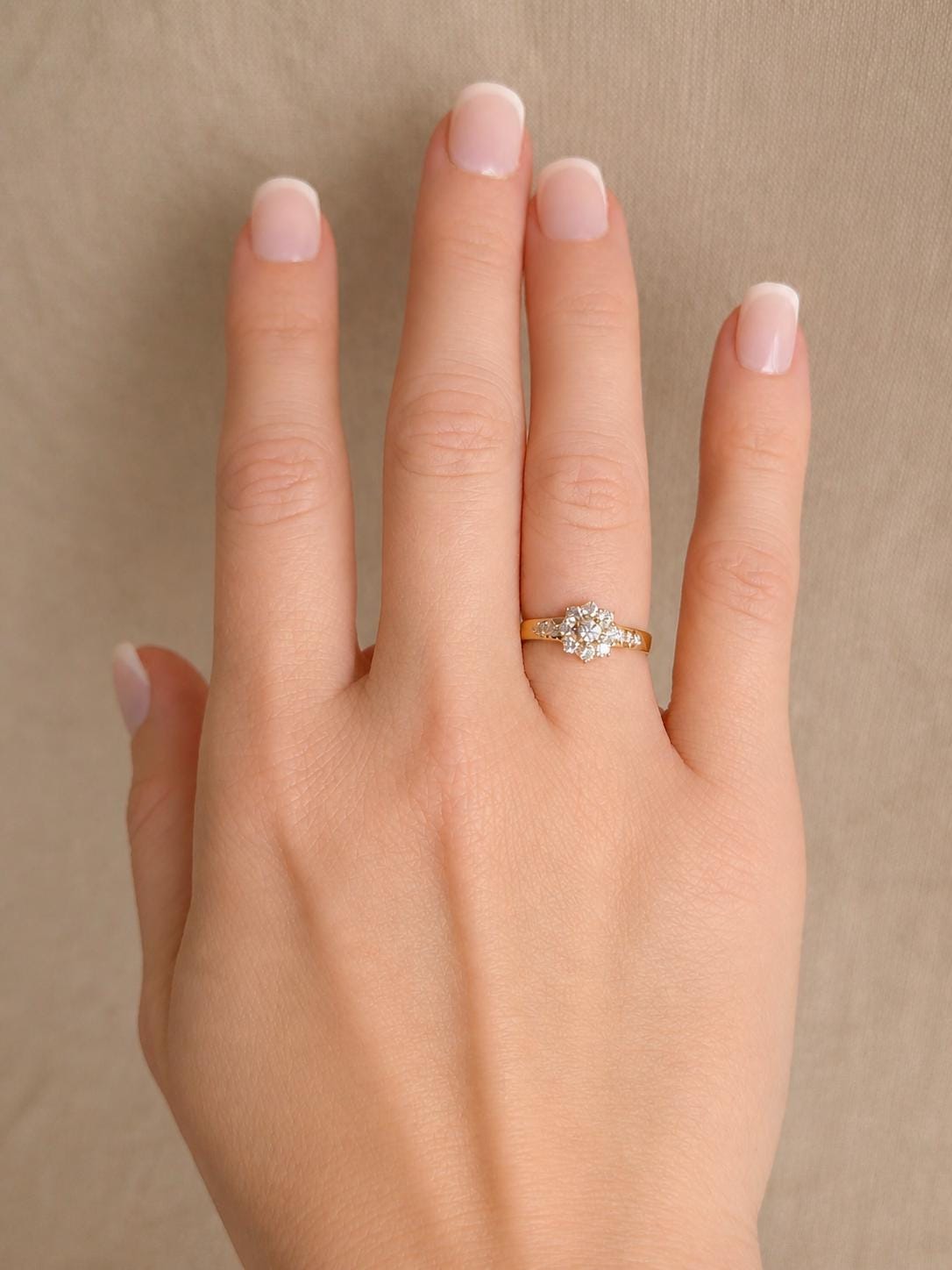 Vintage Diamond Halo Engagement Ring, Round Cut, 18k Gold, Prong Set Floral Bridal Ring