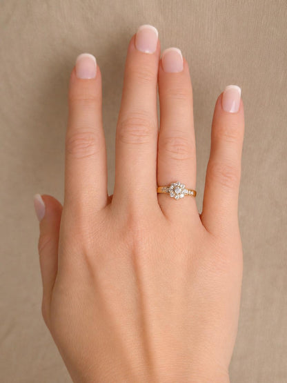 Vintage Diamond Halo Engagement Ring, Round Cut, 18k Gold, Prong Set Floral Bridal Ring