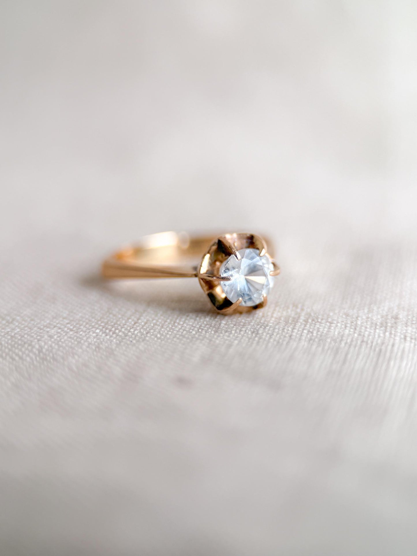 Vintage White Quartz Engagement Ring, Round Cut, 14k Gold, 1940s Solitaire 6-Prong Bridal Ring