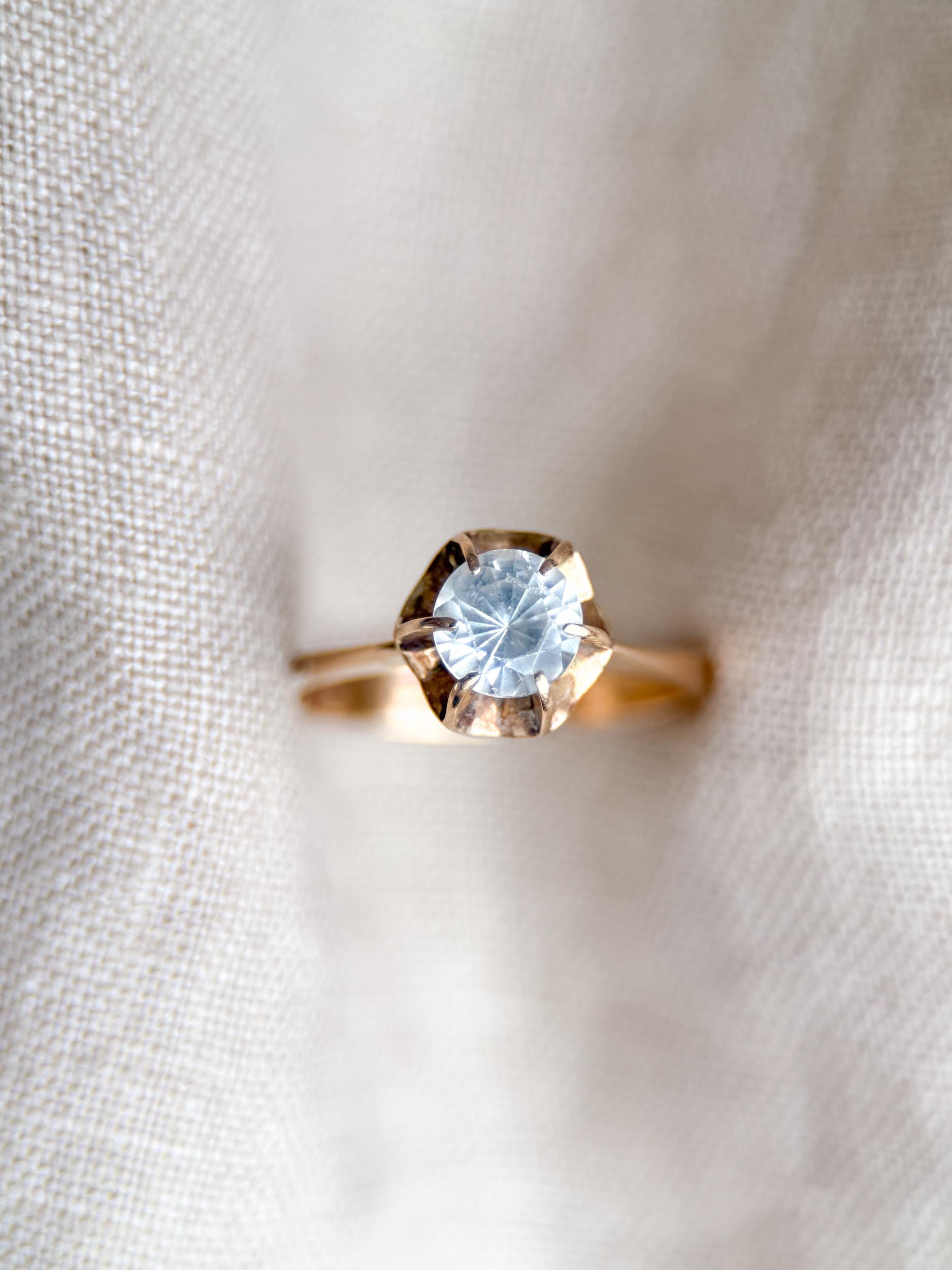 Vintage White Quartz Engagement Ring, Round Cut, 14k Gold, 1940s Solitaire 6-Prong Bridal Ring