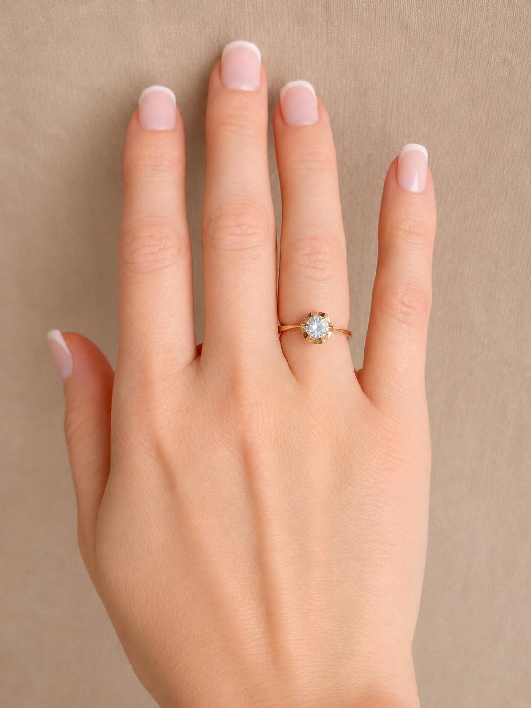 Vintage White Quartz Engagement Ring, Round Cut, 14k Gold, 1940s Solitaire 6-Prong Bridal Ring