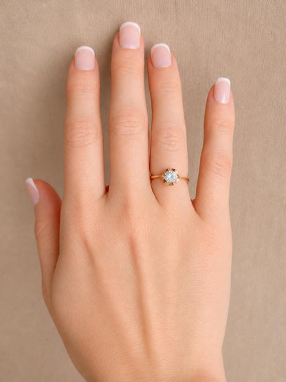 Vintage White Quartz Engagement Ring, Round Cut, 14k Gold, 1940s Solitaire 6-Prong Bridal Ring