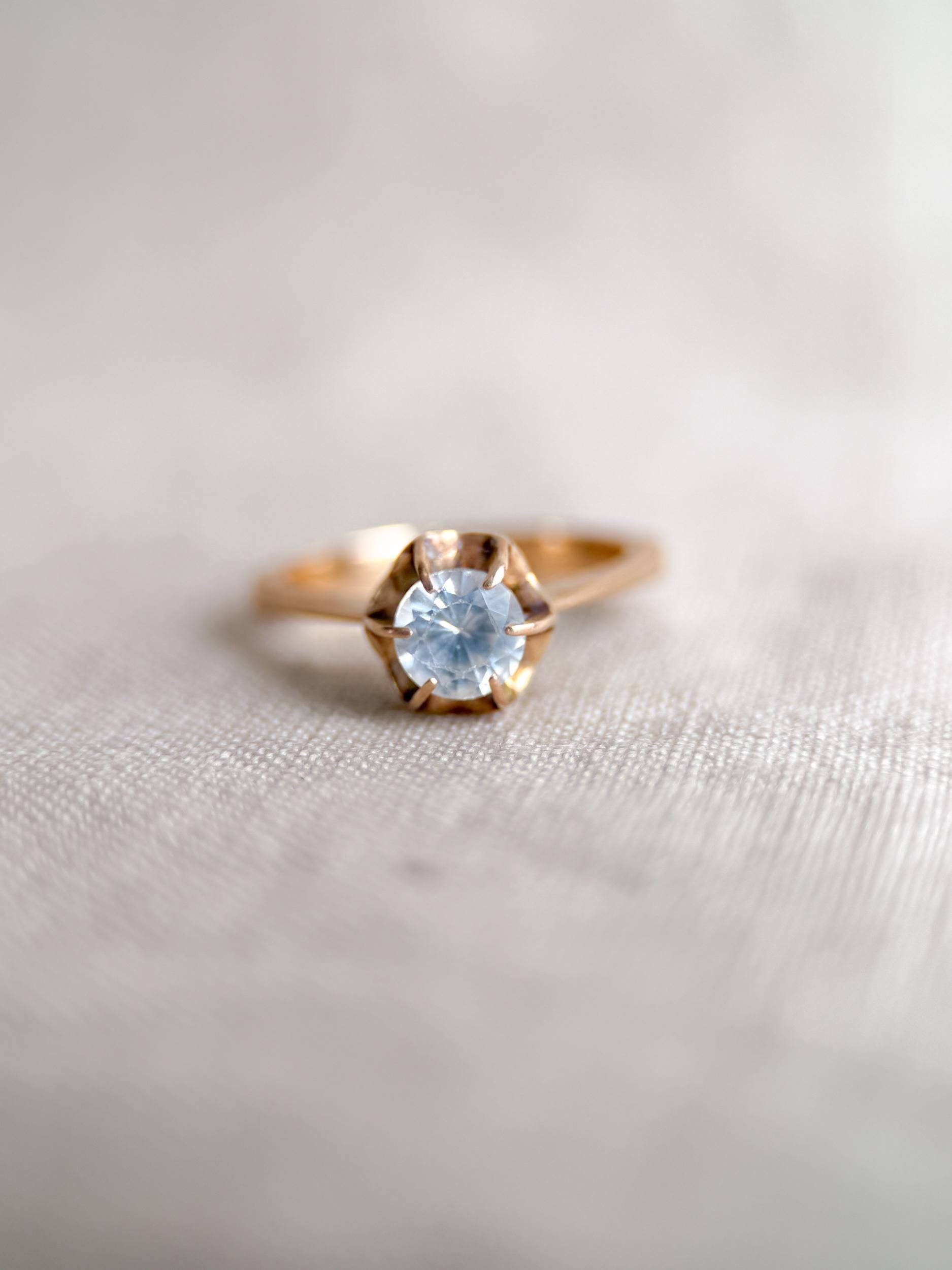 Vintage White Quartz Engagement Ring, Round Cut, 14k Gold, 1940s Solitaire 6-Prong Bridal Ring