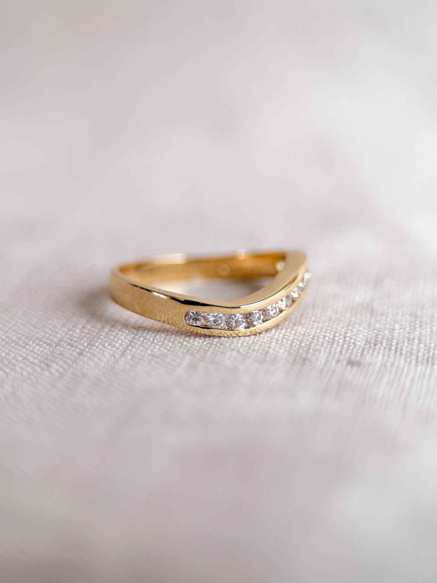 Vintage Diamond Anniversary Band, 18k Gold, Curved Wave Channel Set Band