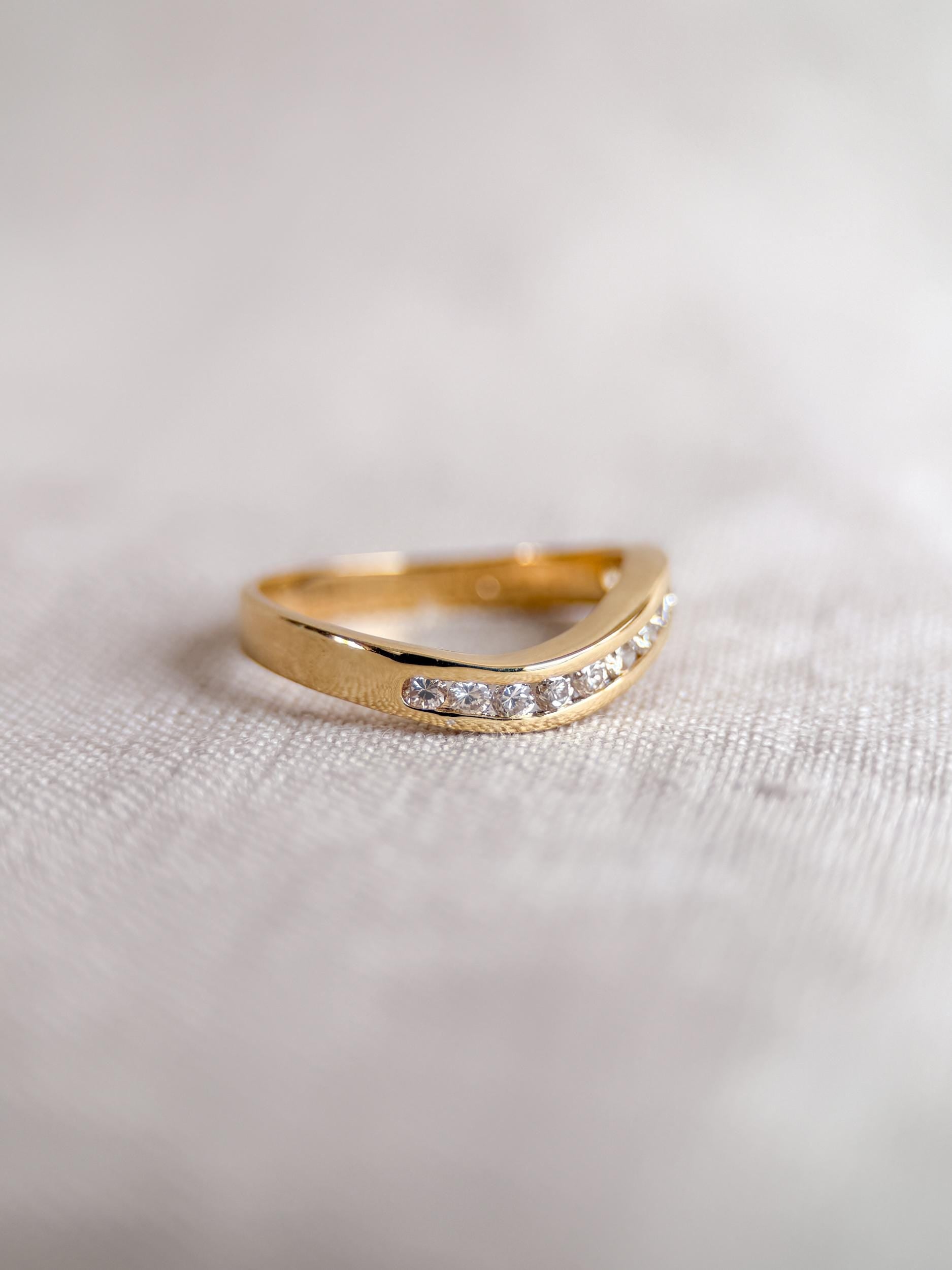 Vintage Diamond Anniversary Band, 18k Gold, Curved Wave Channel Set Band