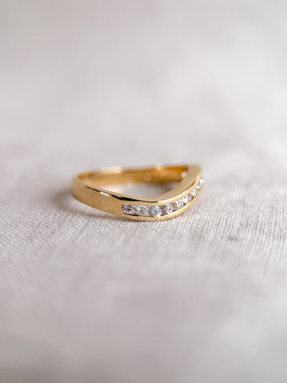 Vintage Diamond Anniversary Band, 18k Gold, Curved Wave Channel Set Band