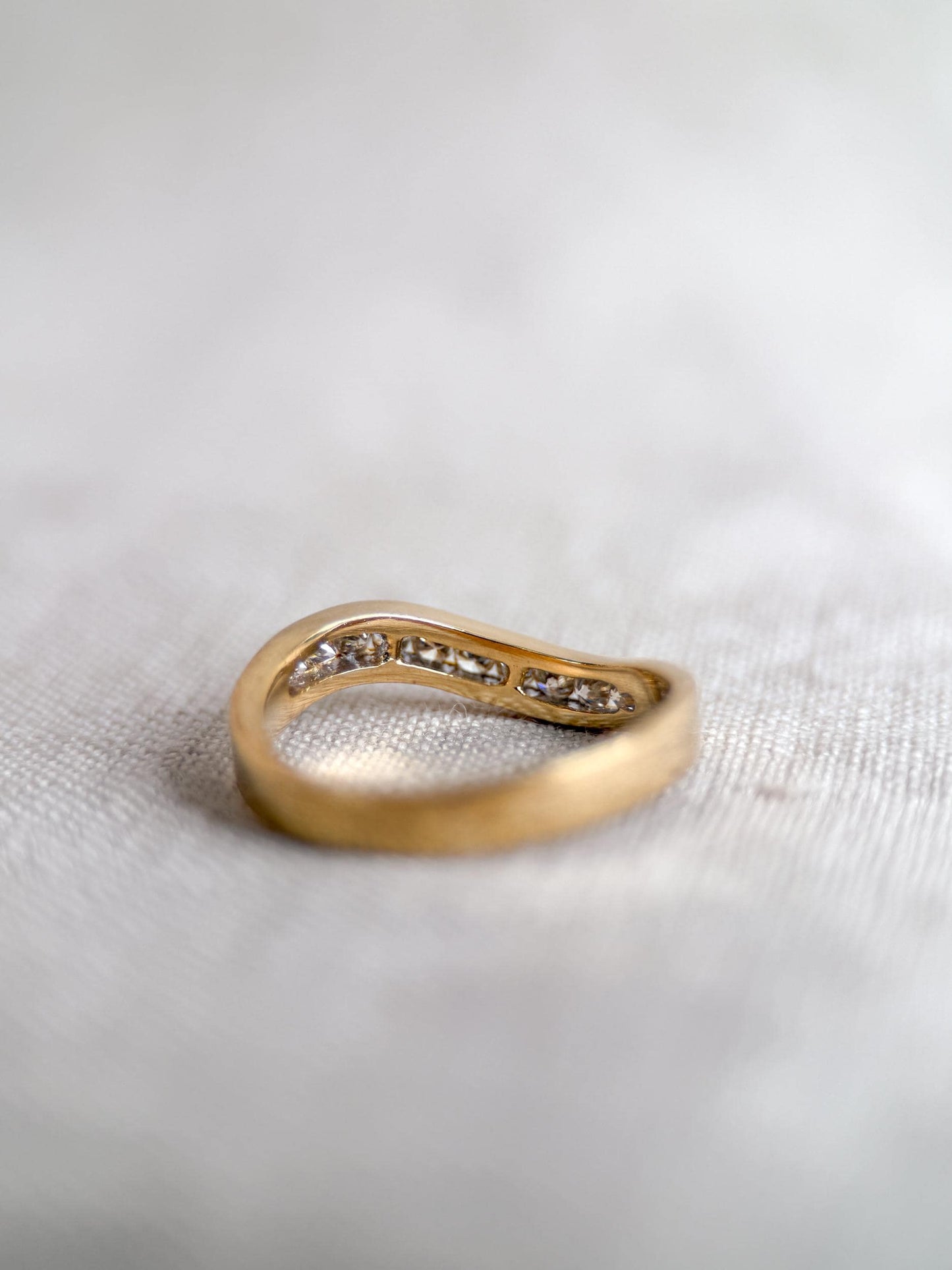 Vintage Diamond Anniversary Band, 18k Gold, Curved Wave Channel Set Band