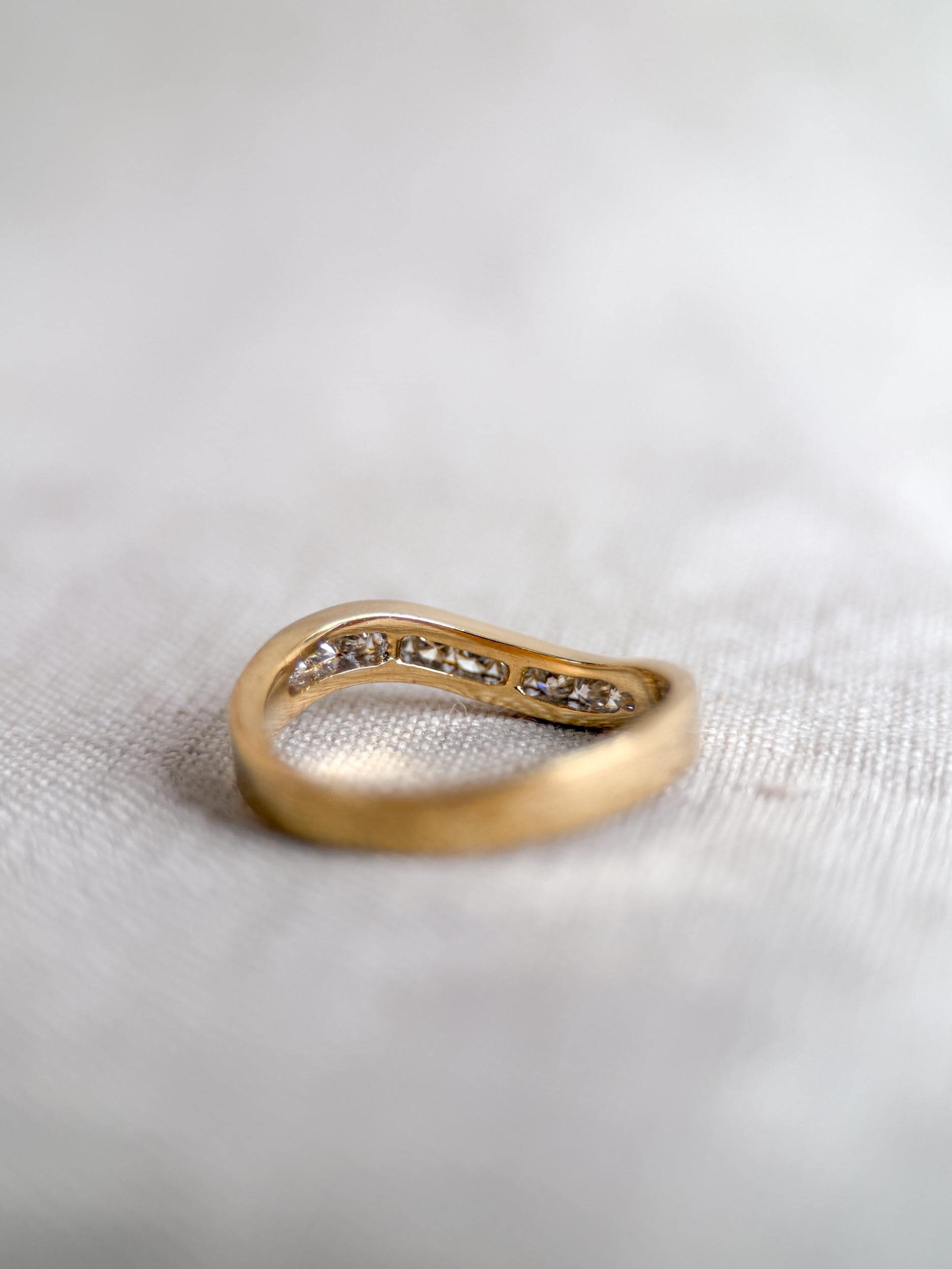 Vintage Diamond Anniversary Band, 18k Gold, Curved Wave Channel Set Band